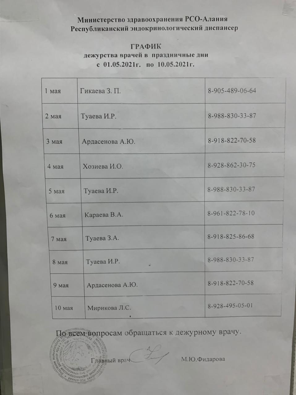 График дежурства врачей в Праздничные дни с 01.05.2021 по 10.05.2021